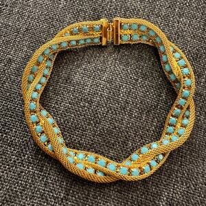 Vintage 1960's Braided Gold-Tone Mesh Turquoise Rhinestone Bracelet